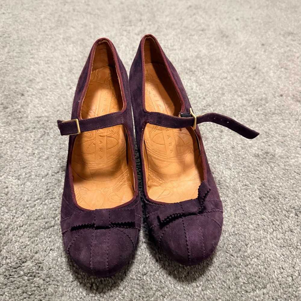 Chie Mihara Purple Suede Mary Jane Pumps Bow Block Heel Made in‎ Spain Size 37 - Picture 2 of 10